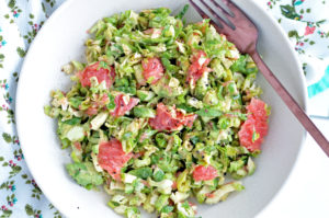 Recipe for winter slaw with brussels sprouts and grapefruit. Vegetarian