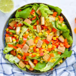 Butter Lettuce Salad with Corn, Bell Peppers, Tofu Croutons and Lime Vinaigrette