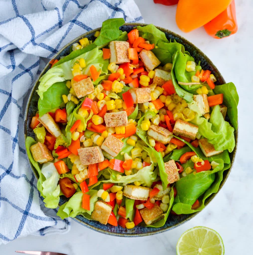 Butter Lettuce Salad with Corn, Bell Peppers, Tofu Croutons and Lime Vinaigrette