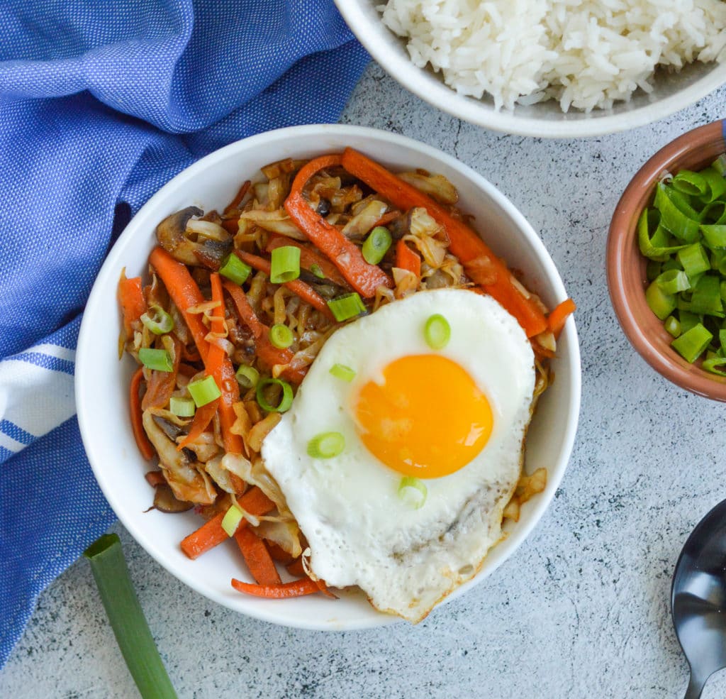 Vegetarian Egg Roll in a Bowl, made with cabbage, carrots & scallions