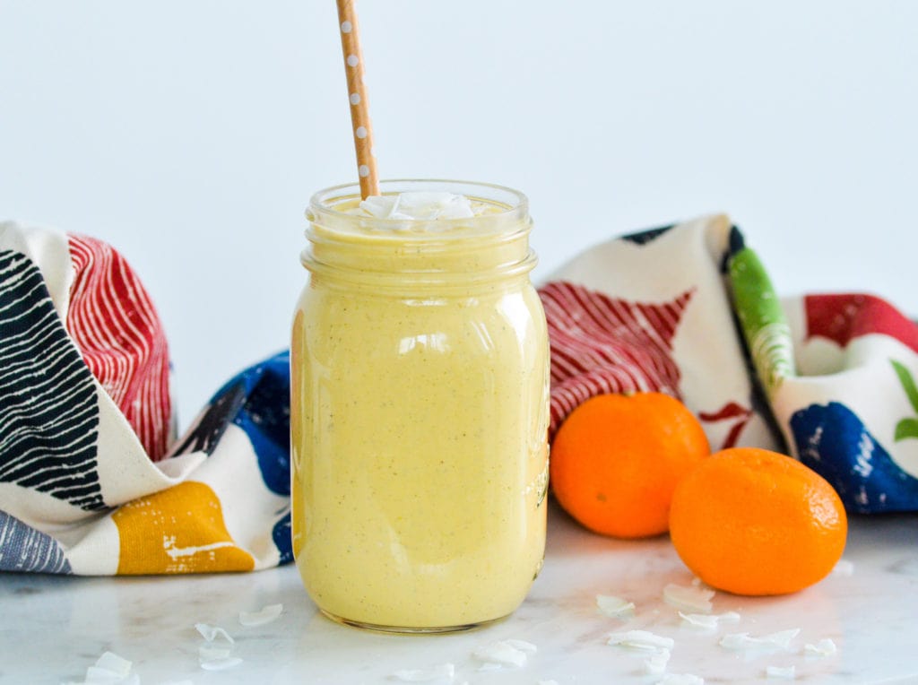 Sunshine Smoothie: Mango, Clementine, Banana, Coconut smoothie with no added sugar and 13 grams of protein