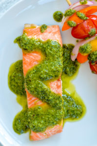 Recipe for maple pesto on salmon and veggie kebabs