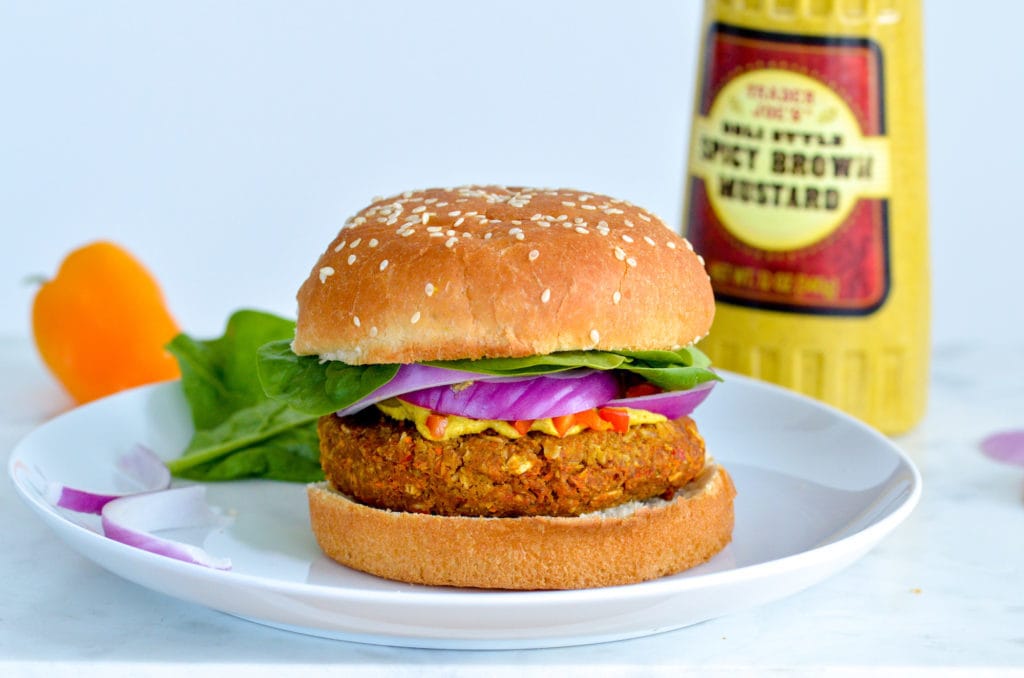 vegan tempeh burger on a plate