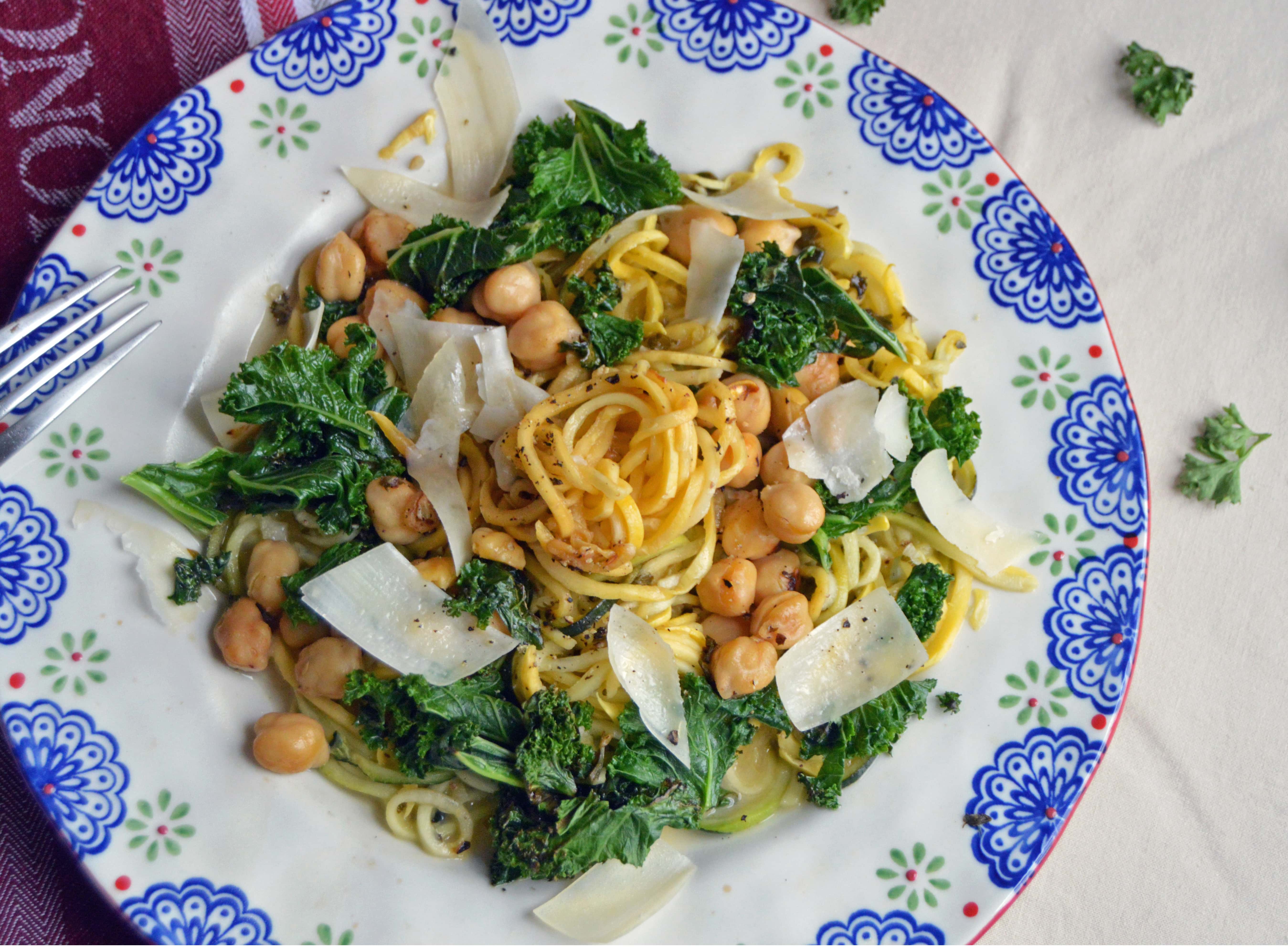 Zucchini Pasta, Kale & Chickpeas in a White Wine Sauce