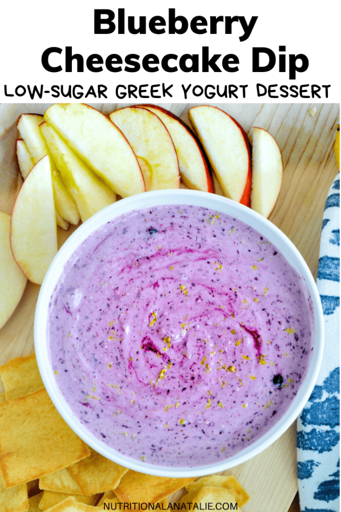 Low-sugar Blueberry Greek Yogurt Dip! This Blueberry Cheesecake Dip is a 5-ingredient better-for-you dessert that comes together in minutes. It’s a perfect last minute addition to any party! #greekyogurt #protein #healthydessert #blueberries