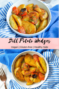 Dill Potato Wedges are a simple 4-ingredient vegan side dish that tastes great and will please everyone. #potatoes #dill #healthyside #sidedish #potato #bakedpotato