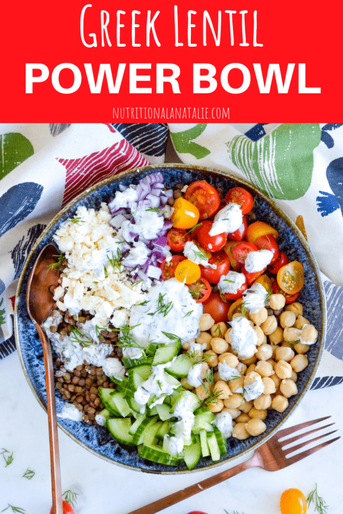 A Greek-inspired lentil salad with cucumbers, tomatoes, onions, chickpeas, feta cheese and yogurt dressing. High in protein and gluten-free #lentils #mealprep #grainsalad #healthylunch #powerbowl