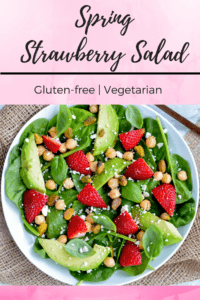 Recipe for Spring Strawberry Salad with fresh herbs, avocado, feta, nuts, chickpeas. #vegetarian #salad #spring #healthyrecipe #glutenfree #leafygreens